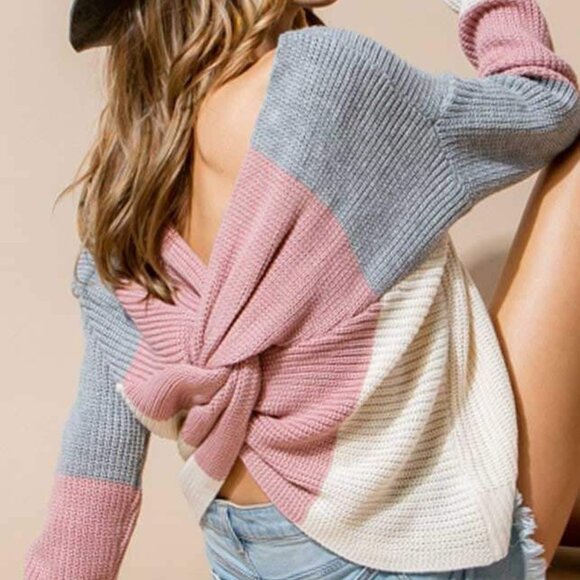 Women's Main Strip Striped Knot Back Sweater in Mauve Size Small - Picture 1 of 9